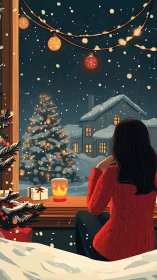 Woman in red sweater watching snowy Christmas night