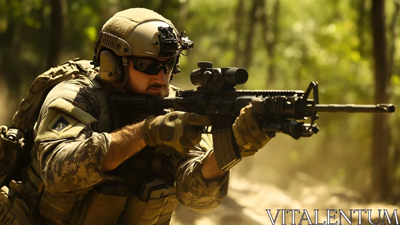 Soldier aims rifle in tense sunlit forest combat scene