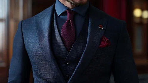 Man wearing navy blazer with burgundy tie and pocket square