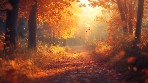 Sunlit autumn forest path rendered in warm atmospheric light