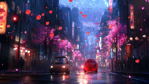 Cyberpunk cherry-blossom boulevard with rain-lit perspective.
