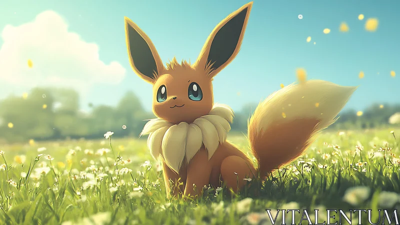 Eevee character sits in daylight field amid scattered flowers