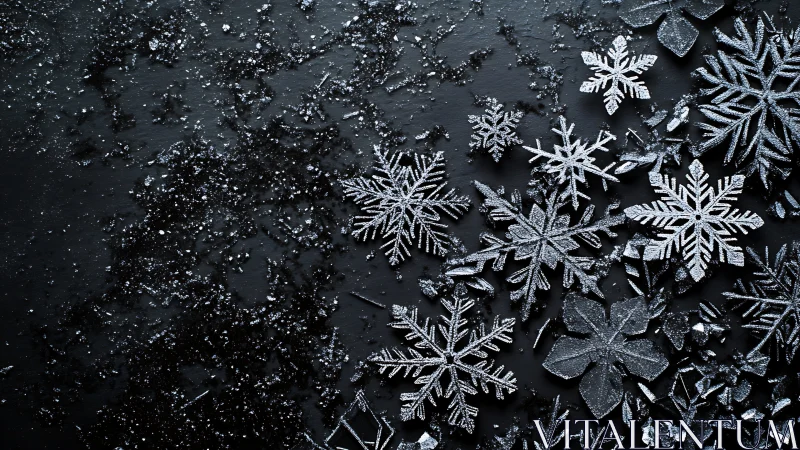Crystalline snowflake macro array on matte black substrate.