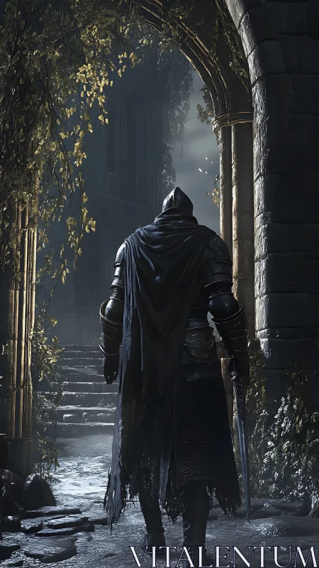 Lone armored knight ascending ruined frostlit cloister steps.