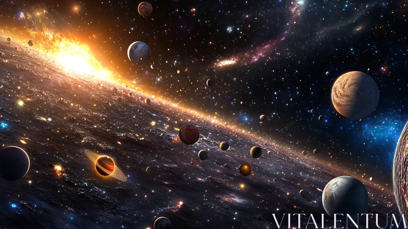 Expansive digital cosmos with planets and glowing starfield.