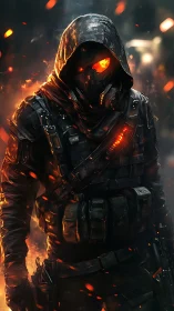 Hooded cybernetic soldier in burning urban combat corridor