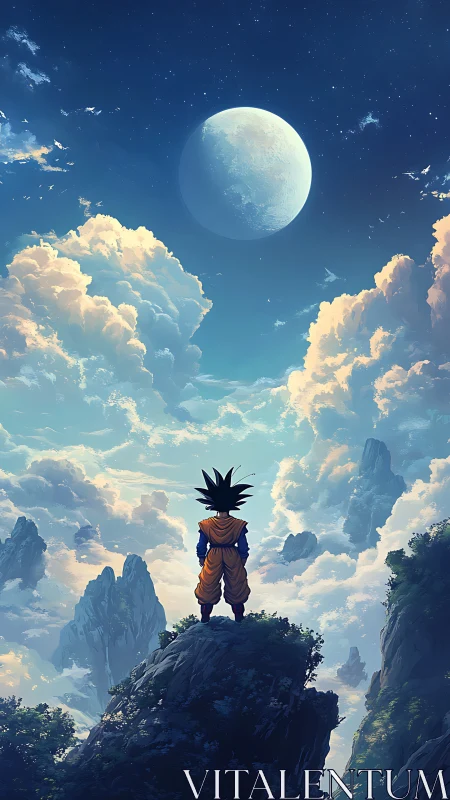 Anime warrior stands on mountain peak beneath large moon