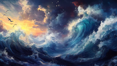 Dynamic storm-tossed seascape renders high-energy wave motion