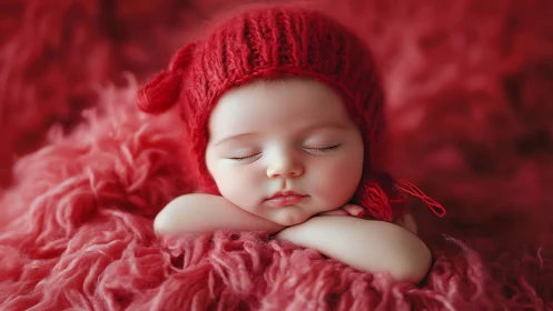 Newborn infant sleeping in knitted garment and fabric.