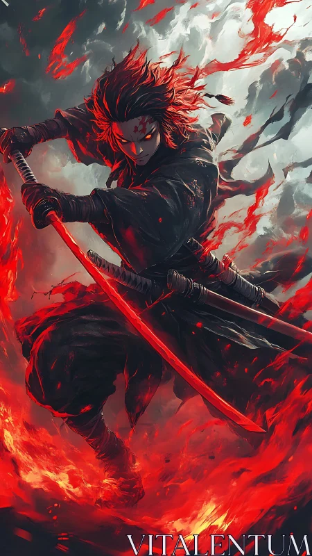 Masked swordsman advances through red energy flames