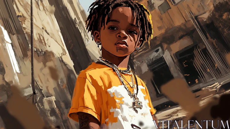 Child in Urban Alley Wearing Orange and White Graphic T-Shirt