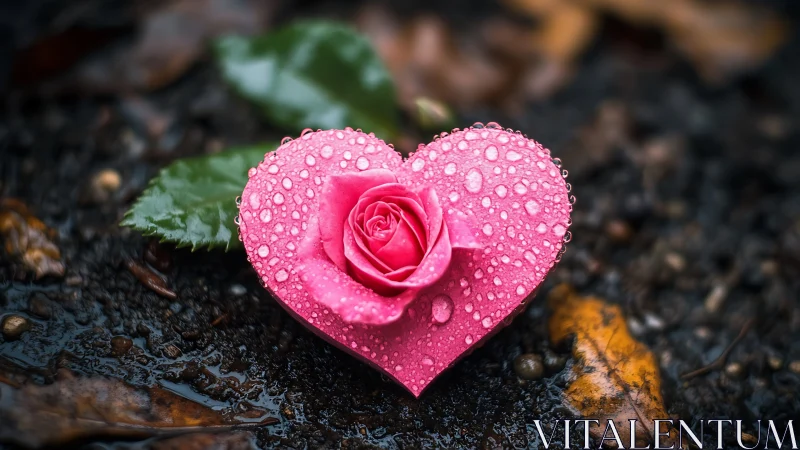 Pink Heart-Shaped Rose Covered in Dewdrops.
