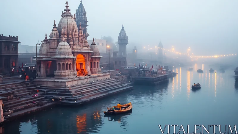 Foggy riverside temple glows at dawn above tranquil boats.