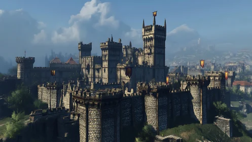 Fortified medieval stone castle under hazy blue sky.