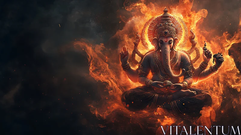 Fiery Ganesha deity meditates in swirling cosmic flames