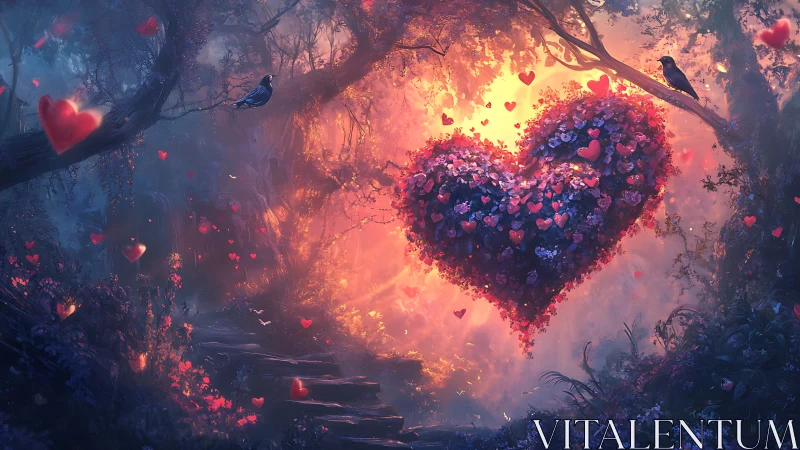 Radiant Heart Suspended in Enchanted Forest Glow.