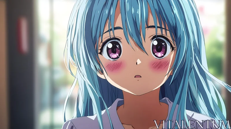 Blue-haired anime girl blushes softly in gentle daylight.