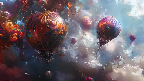 Ornate luminous airships drift through prismatic celestial clouds