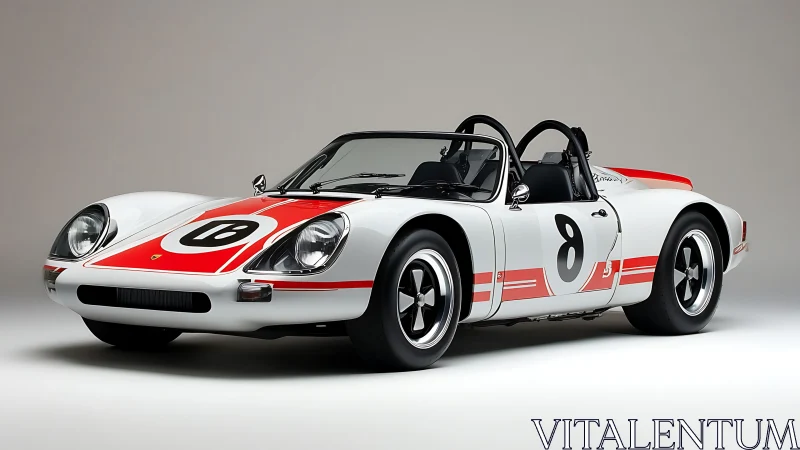 White vintage race roadster in studio with bold red livery.