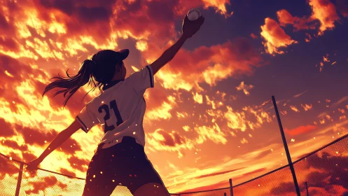 Girl pitcher reaches for a baseball against vivid sunset sky.