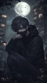 Masked figure in dark clothing under full urban moonlight.