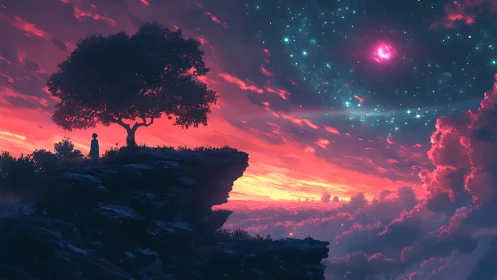 Silhouetted figure stands on cliff under tree at vivid sunset