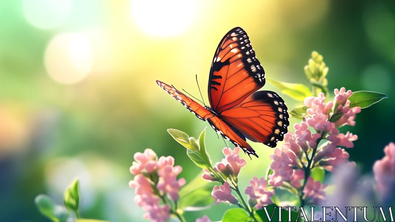Orange butterfly resting on pink flowers in sunlight.