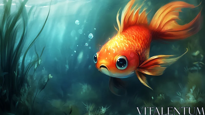 Goldfish with enlarged eyes swims alone in bluish water