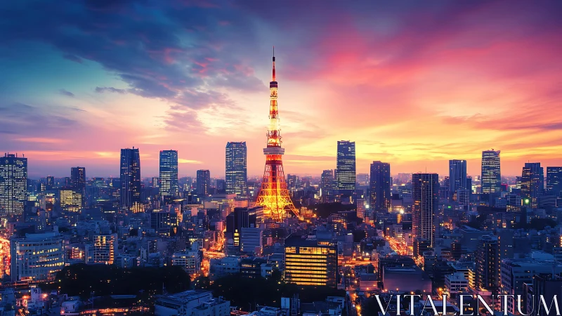 Illuminated Tokyo tower core within high-rise dusk skyline.