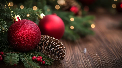 Macro close-up of red glitter bauble with pinecone on wood