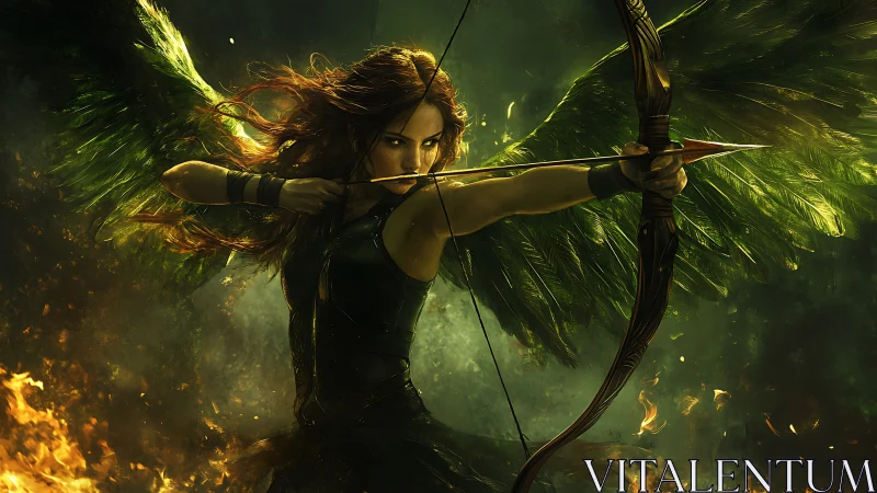 Fiery winged archer draws a glowing arrow in emerald light