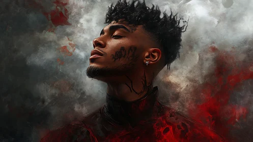 Stormborn portrait of defiant youth in smoke and scarlet haze.