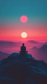 Silhouette meditates on rocky peak under twin suns.