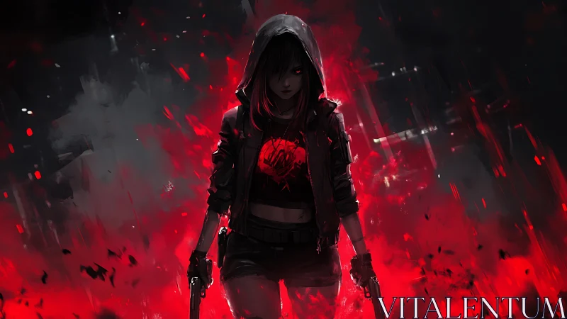 Shadowed street warrior walks through red neon fury tonight