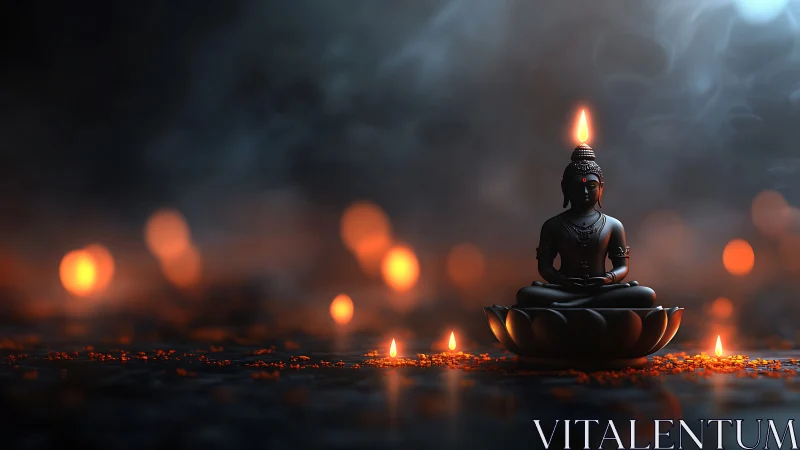 Lotus Buddha statue glows amid cinematic bokeh candles.