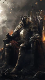 Dark throne guardian resting in embers and stormy twilight.