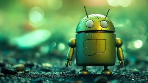 Small green robot figurine on wet textured ground surface.