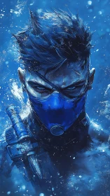 Frostbitten warrior rising through shards of electric blue.