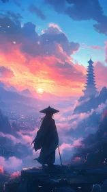 Lone wanderer contemplates a glowing pagoda at dawn