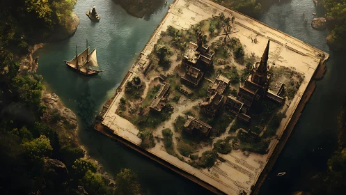 Ancient ruined city rising from giant open book in river.