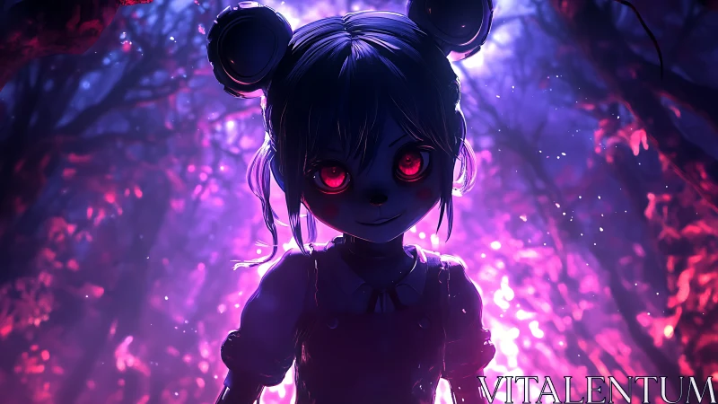 Creepy cartoon girl with glowing eyes stands in neon forest