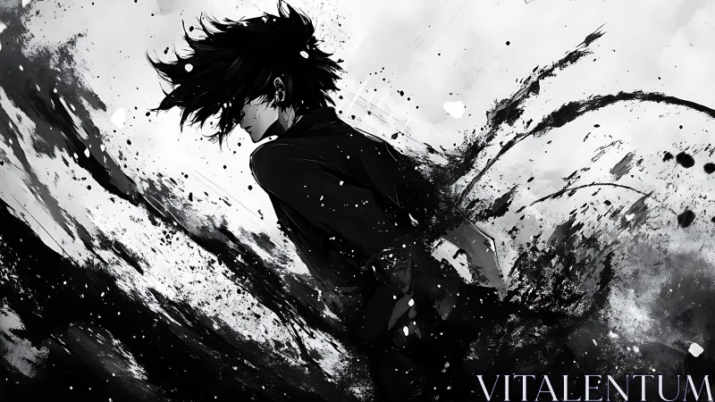 Monochrome anime figure dissolves into dynamic ink-like particle spray