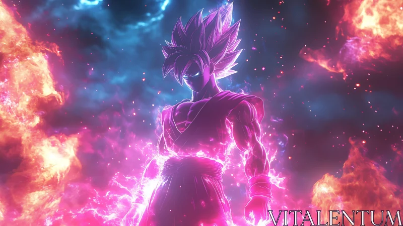 Cosmic warrior blazing with neon fire and quiet resolve.