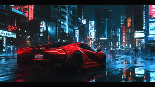 Red sports car on wet neon city street at night scene.