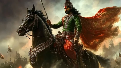 Armored cavalry commander rides into smoky fortified battlefield