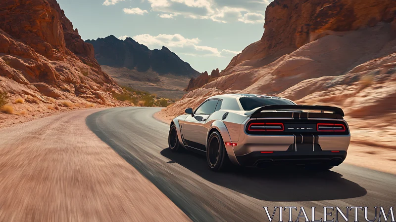 High-performance muscle car cornering through desert canyon road