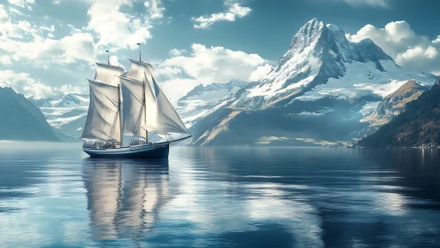 Tall ship glides across mirror lake before alpine peak.