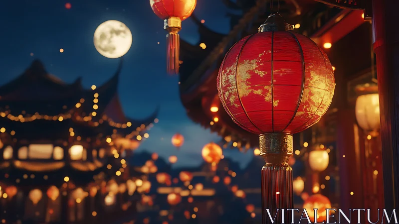Lunar-lit Chinese lantern array with shallow-depth optical bokeh.