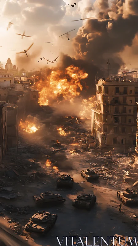 Urban battlefield shows tanks advancing under heavy bombardment