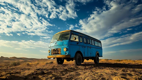 Blue mid‑century bus stands on arid desert terrain under sky